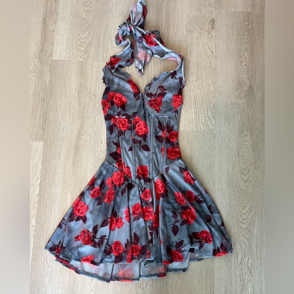 AKIRA Gray Halter Mini Dress with Red Rose Print